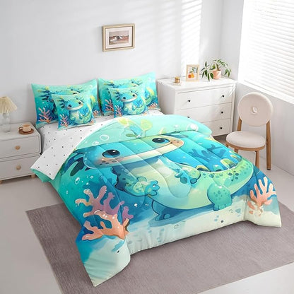 Feelyou Cute Axolotl 7 Piece Bedding Set Twin Size Cute Blue Teal Axolotl for Kids Boys Girls Teens Toddler Ocean Animal Bed in a Bag Comforter Set with Sheets Cartoon Bed Set