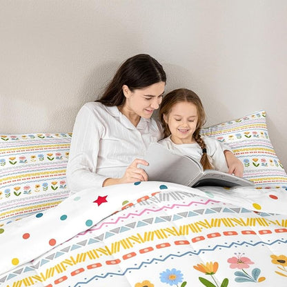 Castle Fairy Boho Floral Kids Comforter Set King Size,Watercolor Groovy Flowers Christmas Reversible Bedding Set All Season Quilt,Tribal Aztec Stripes Microfiber Polyester Down Comforter