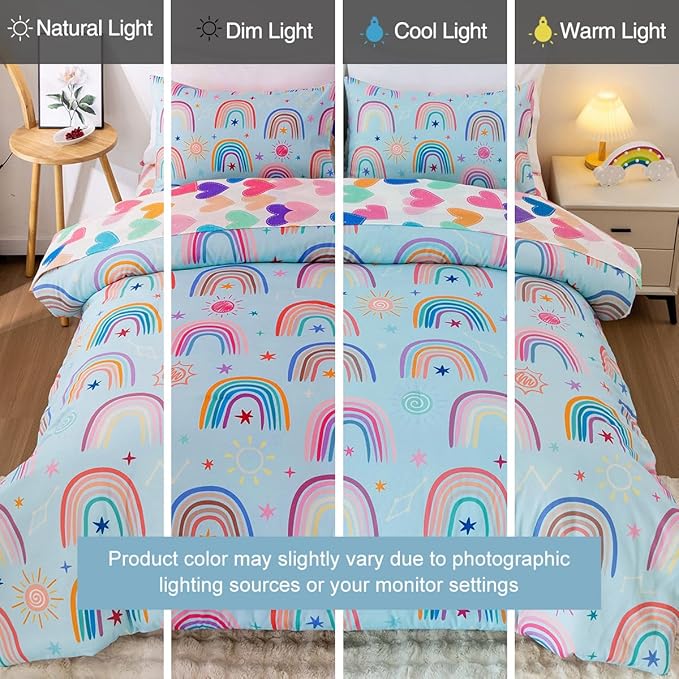 Holawakaka Boho Rainbow Twin Comforter Set with Sheets, 5-Piece Bohemian Love Heart Star Bedding Set for Girls & Women -Super Soft Microfiber Kids Teen-Girls Twin Size Blue Reversible Bed-in-a-Bag
