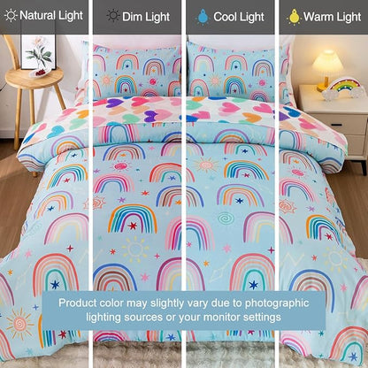Holawakaka Boho Rainbow Twin Comforter Set with Sheets, 5-Piece Bohemian Love Heart Star Bedding Set for Girls & Women -Super Soft Microfiber Kids Teen-Girls Twin Size Blue Reversible Bed-in-a-Bag