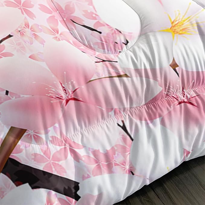 Kid Horse Comforter Set Queen Room Floral Animal Theme Handsome Horse Chic Cherry Blossom Bedding Set 3D Wild Animal Decor Quilt Set for Girls Adult, 1 Comforter + 2 Pillowcases