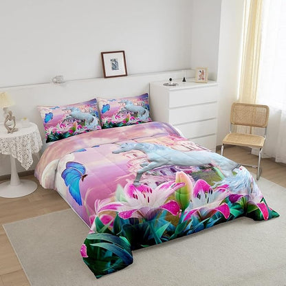 Feelyou Unicorn Bedding Set Jumping Unicorn Decor Comforter Set for Kids Boys Girls Magical Butterfly Lily Floral Comforter Princess Castle Quilt Set Room Decor 3Pcs Full Size