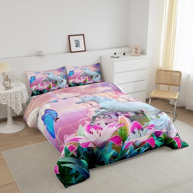 Feelyou Unicorn Bedding Set Jumping Unicorn Decor Comforter Set for Kids Boys Girls Magical Butterfly Lily Floral Comforter Princess Castle Quilt Set Room Decor 2Pcs Twin Size