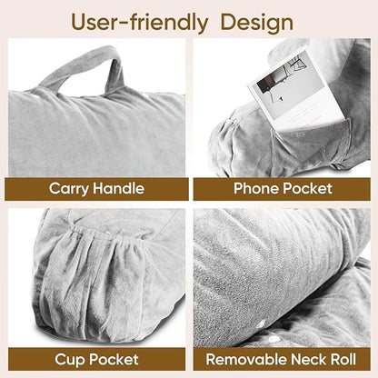 Reading Pillow for Sitting in Bed Adult, Reading Pillow with Shredded Memory Foam (LightGery, Extra Large 25" H)