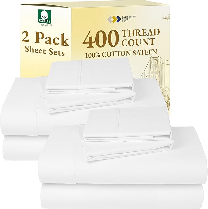 California Design Den 2-Pack Bed Sheets Full Size - 400 Thread Count 100% Cotton Sateen - Soft and Breathable Sheets, 2 Sets of Deep Pocket Bed Sheets - Antique White