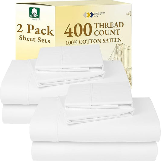 California Design Den 2-Pack Bed Sheets Full Size - 400 Thread Count 100% Cotton Sateen - Soft and Breathable Sheets, 2 Sets of Deep Pocket Bed Sheets - Antique White