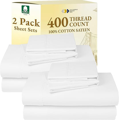 California Design Den 2-Pack 100% Cotton King Size Sheets Set 400 Thread Count Sateen - Soft and Breathable Sheets, 2 Sets of Deep Pocket Bed Sheets - Antique White