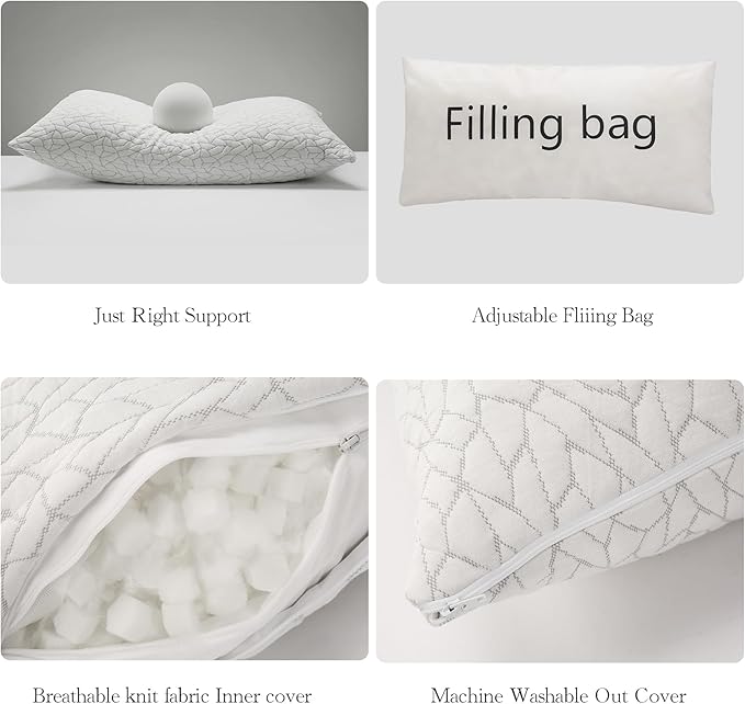 Memory Foam Pillows for Sleeping Adjustable Bamboo Blend Breathable Bed Pillow for Side, Back, and Stomach Sleepers Washable Pillow Cover Cloud Nest King Size 18X34 in