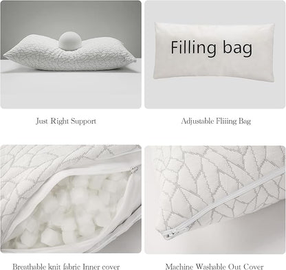 Memory Foam Pillows for Sleeping Adjustable Bamboo Blend Breathable Bed Pillow for Side, Back, and Stomach Sleepers Washable Pillow Cover Cloud Nest King Size 18X34 in