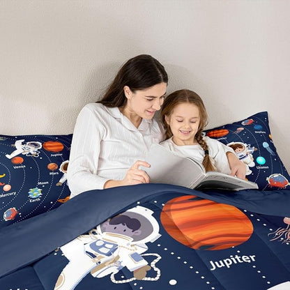 Feelyou Solar System Comforter Set Full Size Outer Space Comforter for Kids Teens Adults Universe Planets Bedding Set Cute Astronaut Blue Duvet Set Room Decor 3Pcs with 2 Pillow Case