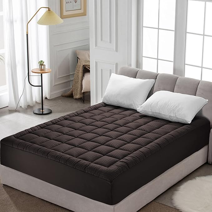 HYLEORY Queen Mattress Pad Quilted Fitted Mattress Protector Cooling Pillow Top Mattress Cover Breathable Fluffy Soft Mattress Topper with 8-21" Deep Pocket, Brown
