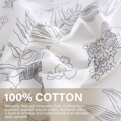 100% Cotton Floral Duvet Cover Set Queen Size Ultra Soft Breathable Grey Floral and Leaf Comforter Cover Set 3 Pcs All Season Cozy Floral Bed Cover with Zipper Closure