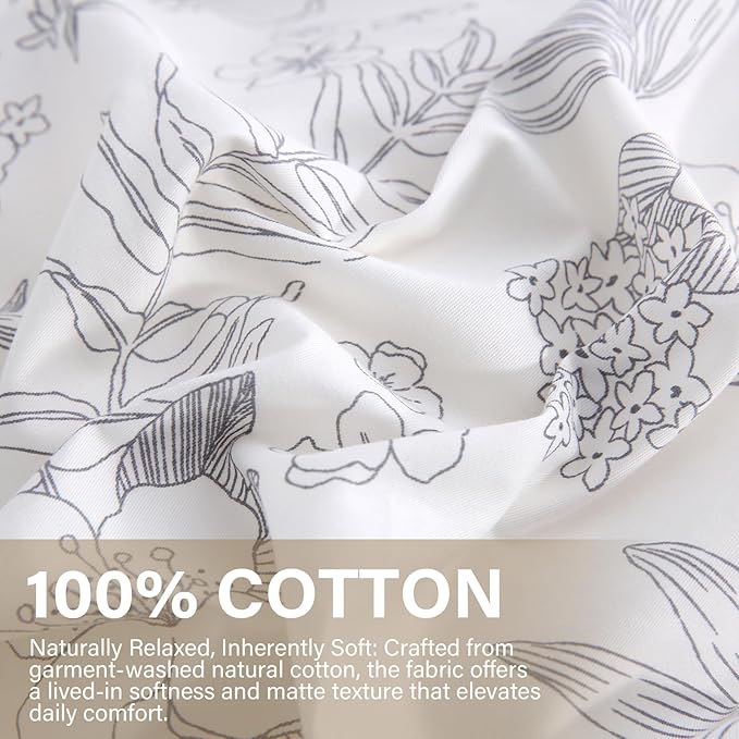 100% Cotton Floral Duvet Cover Set King Size Ultra Soft Breathable Grey Floral and Leaf Comforter Cover Set 3 Pcs All Season Cozy Floral Bed Cover with Zipper Closure