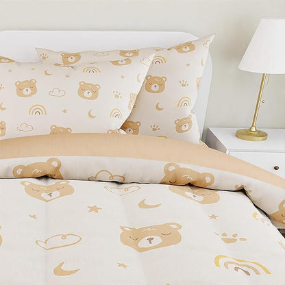 SANDJEST Bear Comforter Set Twin Size 68x86in for Kids Boys Girls Unisex, Microfiber 3 Pcs Bedding Set Includes 1 Comforter, 1 Pillowcase, 1 Fitted Sheet, Nursery Room Decor