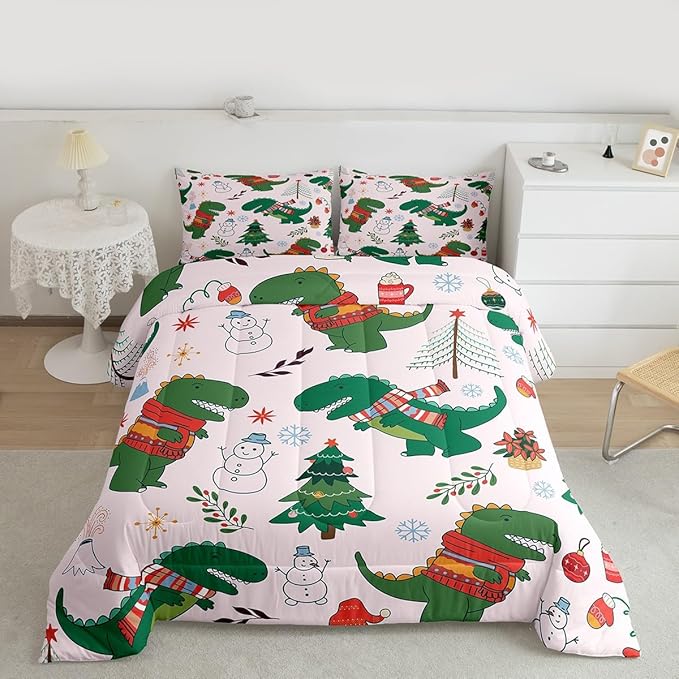 Erosebridal Xmas Dino Comforter Set King Size Cartoon Dinosaur Bedding Set for Gilrs Kids Children Snowman Santa Winter Tree Comforter Merry Christmas Florals Quilt Bedroom Decor