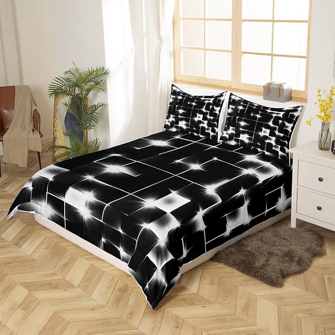 Castle Fairy Abstract Bedding Set King Size for Teens,3D Modern Cool Geometric Grid Square Comforter Cover with 2 Pillowcases,Shiny Gray Neon Light Black Duvet Cover Set Microfiber Quilt Cover