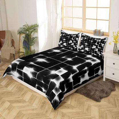Castle Fairy Abstract Duvet Cover Queen Size,3D Modern Cool Geometric Grid Square Duvet Cover Set for Children Adult,Shiny Gray Neon Light Black Soft Comforter Cover for Dorm Room, Zipper, Ties