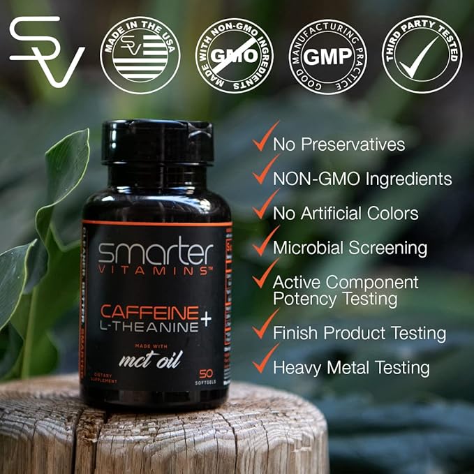 SmarterVitamins (3-Pack 200mg Caffeine Pills with 100mg L-Theanine + Coconut MCT Oil, Energy and Focus, Extended Release Capsule, 150 Liquid Softgels