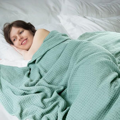 HILLFAIR 100% Combed Cotton Blanket– California King Size Bed Blankets– Warm Soft All Season Breathable Blankets– Extra Large Oversized California King Blanket- Sage Cotton Bed Blankets