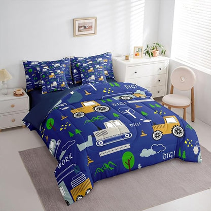 Feelyou Construction Comforter Set Queen Size 7 Pieces Equipment Trucks Bedding Set Kids Boys Excavator Tractor Bed in a Bag with Comforter, Sheets Construction Vehicles Blue Yellow Quilted