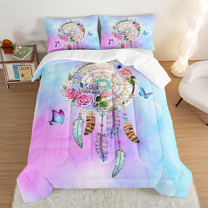 HOSIMA Boho Bedding Dream Catcher Comforter Bed in A Bag King Size with 2 Pillowcases,Butterfly Bed Set Room Decor for Teen Girls,Feather Floral king bedding Set for Adults Kids.