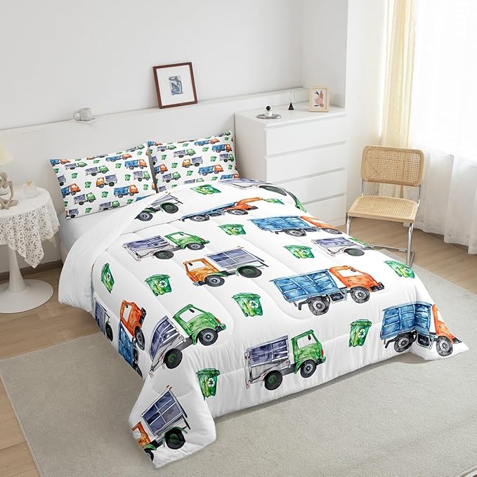 Cartoon Garbage Truck Bedding Green Trash Truck Comforter Set for Kids Boys Girls Toddler Green Vehicle Car Bedding Set Refuse Classification Garbage Truck Print Duvet Set 2 Pieces Toddler Size