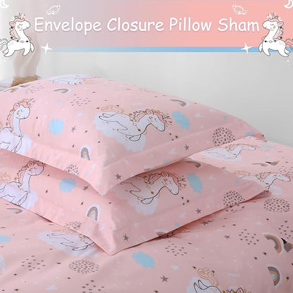 JSD Pink Unicorn Kids Duvet Cover Set Full Size, 3 Piece Girls Printed Microfiber Bedding Comforter Cover with Pillow Shams Zipper Closure, Comforter Not Included