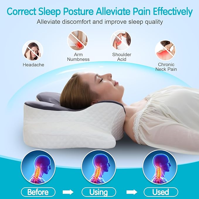 Cervical Pillow for Neck Pain Relief, Orthopedic Memory Foam Pillow with Cooling Case for Side, Back, Stomach Sleepers, Ergonomic Neck and Shoulder Support