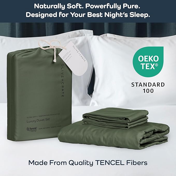 Olive + Crate Tencel Eucalyptus Cooling Duvet Cover Set - Hypoallergenic, Lyocell Tencel Duvet Cover - Soft, Temperature Regulating with Hidden Button Closure & Corner Ties - Twin XL [Moss]