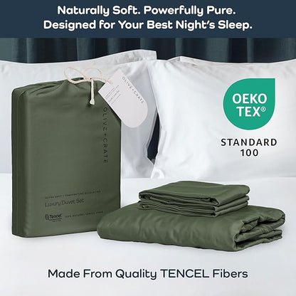 Olive + Crate Tencel Eucalyptus Cooling Duvet Cover Set - Hypoallergenic, Lyocell Tencel Duvet Cover - Soft, Temperature Regulating with Hidden Button Closure & Corner Ties - Queen Size [Moss]