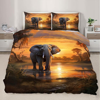 African Elephant Duvet Cover Oversized King Sunset Wade Elephant Bedding Set Bedroom Decor Tropical Wildlife Patterned Comforter Cover with Zipper Ties & 2 Pillowcases