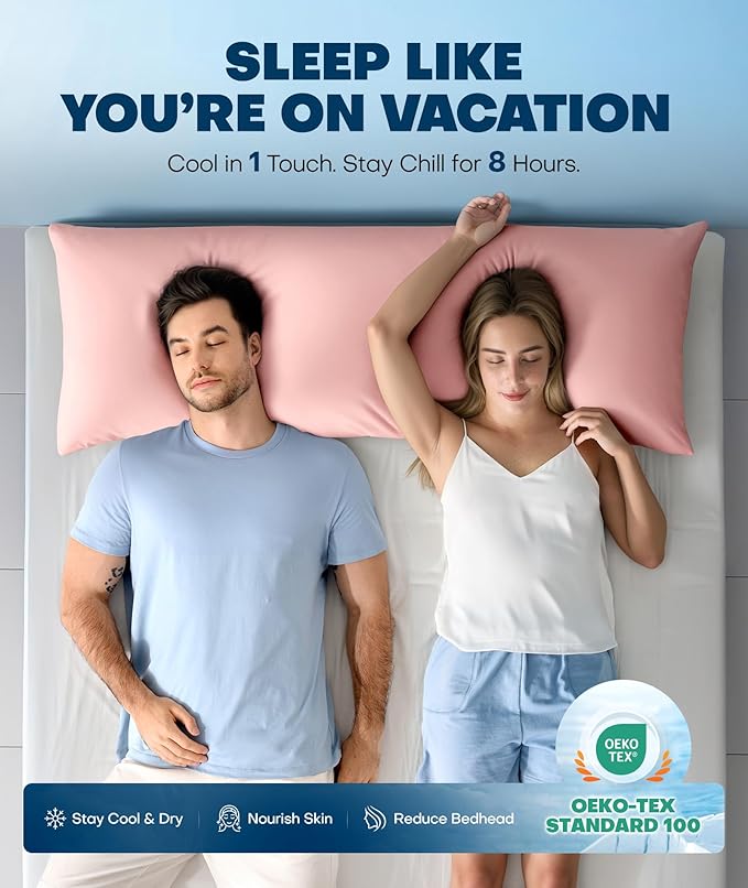 Ice Cooling Body Pillowcase for Hot Sleepers – Stays Cool All Night, Silky Touch Long Body Pillow Cases with Invisible Zipper, Soft & Breathable Body Pillow Cover, Gift for Men Women - 20"x54", Pink