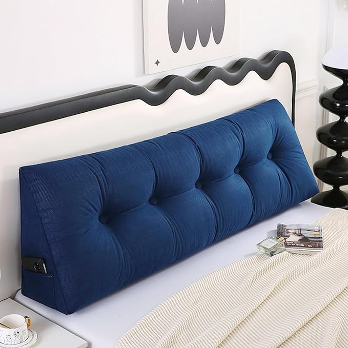 SAMTY Husband headboard Pillow Large Back Rest Support Reading Pillows for Sitting in Bed for Adults Triangle Velvet Wedge Pillow headboard Queen Size, Blue