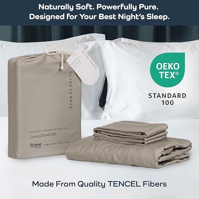 Olive + Crate Tencel Eucalyptus Cooling Duvet Cover Set - Hypoallergenic, Lyocell Tencel Duvet Cover - Temperature Regulating with Hidden Button Closure & Corner Ties - King Size [Taupe Sand]