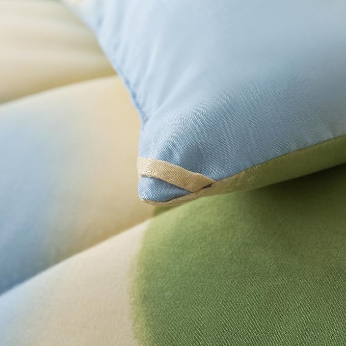 Caressma Heart Print Full Size Comforter Set, Green and Yellow Blue Lovely 3 Pieces Beddig Comforter with Matching Pillow Shams for All Seasons
