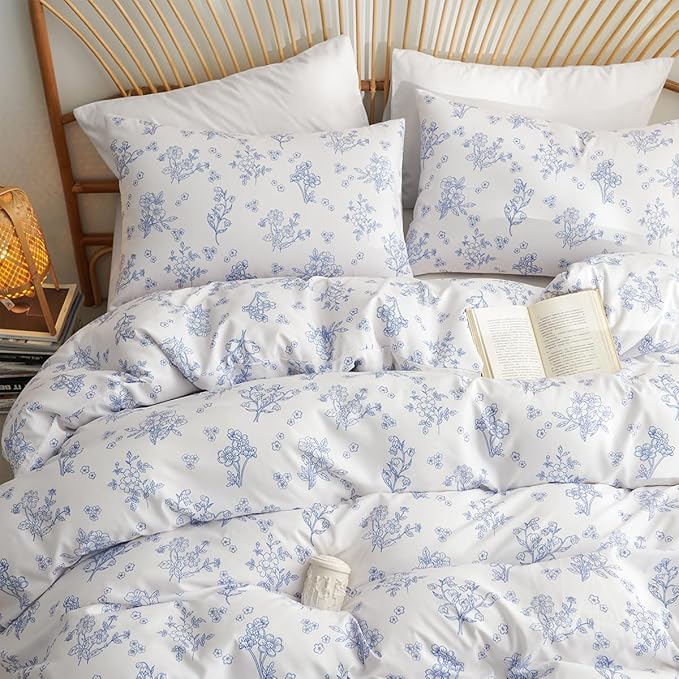 Blue Floral Duvet Cover King Cornflower Blue Botanical Flower Bedding Set Reversible Garden Coquette Bedding Girls Soft Microfiber 3Pcs Zipper Closure（No Comforter）