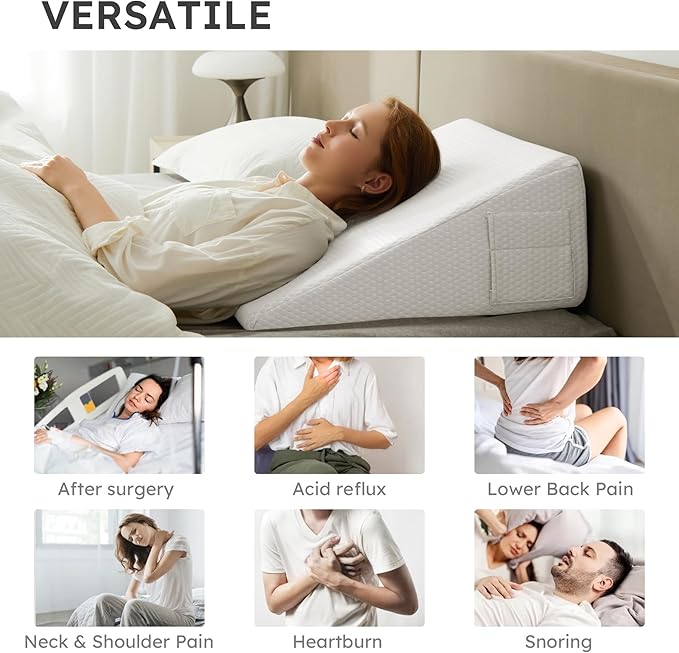 Bedluxe Wedge Pillow, 10 inch Bed Wedge Pillow for Headboard, Pillow Wedge for Acid Reflux Relief, Sleeping, After Surgery, Snoring, Gerd, Triangle Pillow Wedge - Cooling Memory Foam Top, White