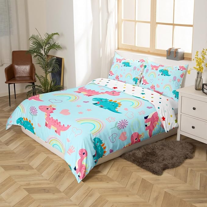 Kawaii Dino Duvet Cover Set Toddler Size,Cute Rainbow Floral Love Heart Reversible Quilt Cover for Kids Boys Girls Blue Pink Dinosaur Cartoon Animal Bedding Set with 1 Pillowcase,No Comforter