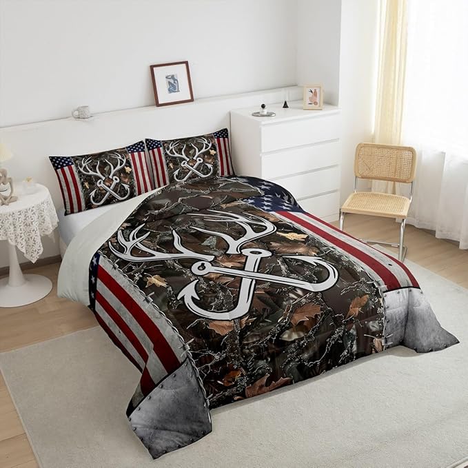 Deer Antler Fishing Comforter Set Queen Size,Boys Vintage American Flag Bedding Set for Kids Teens Men Room Decor Brown Jungle Branches Camo Quilted Duvet Adventure Hunting Duvet Insert 3Pcs