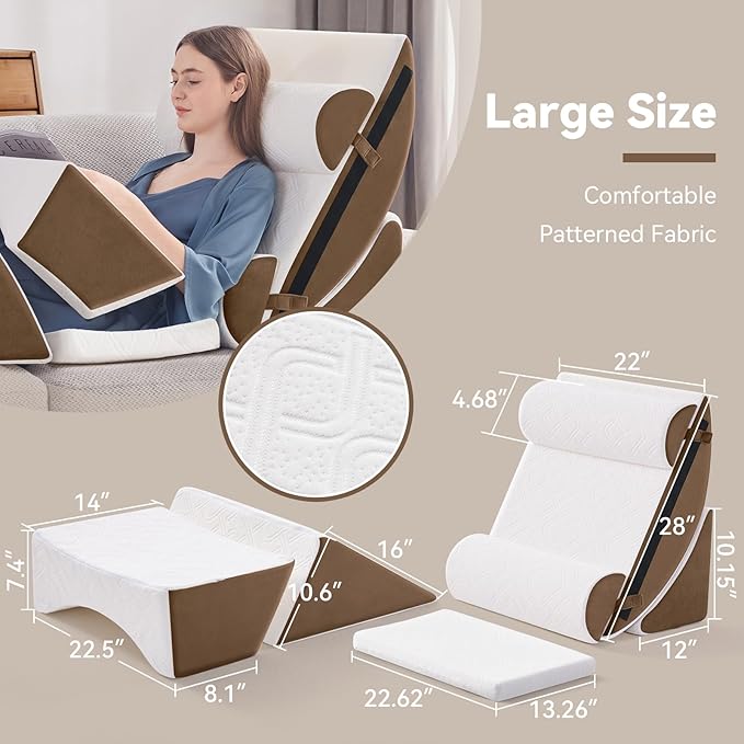 Wedge Pillow Set for After Surgery, 7 PCS Bed Wedge Pillow for Sleeping, Memory Foam Orthopedic Back Pillow for Pain Relief and Acid Reflux, Adjustable Post Surgery Pillow Brown