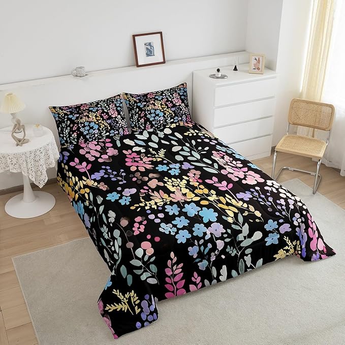Erosebridal Colorful Flower Queen Bedding Set for Girls Boys Kids,Cute Rainbow Floral Comforter Set Bohemian Home Decor,Watercolor Wildflower Quilt Bed Set Country Flowers Bed Comforter Set 3Pcs