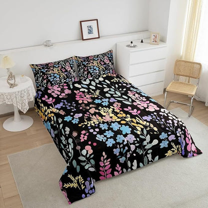 Erosebridal Colorful Flower Queen Bedding Set for Girls Boys Kids,Cute Rainbow Floral Comforter Set Bohemian Home Decor,Watercolor Wildflower Quilt Bed Set Country Flowers Bed Comforter Set 3Pcs