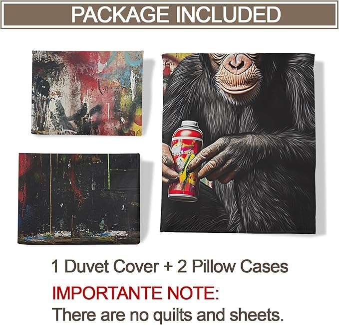 Gorilla Duvet Cover Full Size, Street Graffiti Gorilla Bedding Set 3 Piece Bedroom Decor Fun Colorful Patterned Comforter Cover with Zipper Ties & 2 Pillowcases