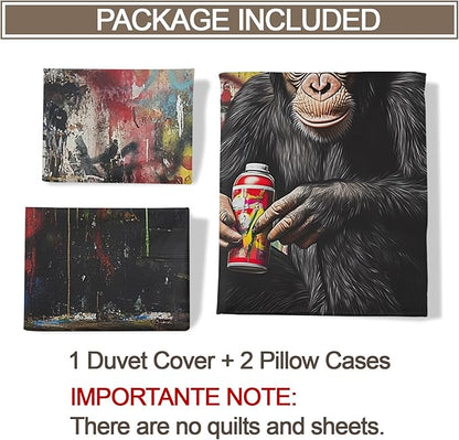 Gorilla Duvet Cover King Size, Street Graffiti Gorilla Bedding Set 3 Piece Bedroom Decor Fun Colorful Patterned Comforter Cover with Zipper Ties & 2 Pillowcases