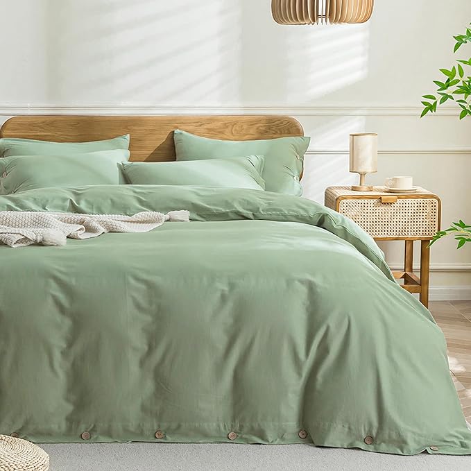 JELLYMONI Cotton Duvet Cover Twin Size - Light Green Comforter Cover with Button 100% Washed Cotton 2PCS Breathable Soft Solid Bedding Set Duvet Cover 68×90in & 1 Pillowcase (NO Comforter)