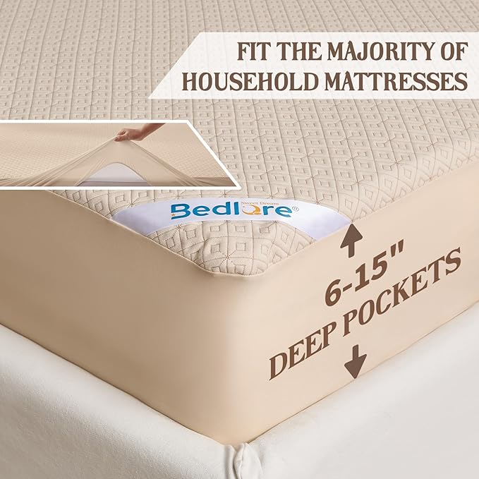 BEDLORE Full Size Mattress Protector, Waterproof Noiseless Mattress Cover with Stretchable Pockets for 6-15 inches Mattress, Soft Breathable Mattress Pad for College Dorm (Beige)