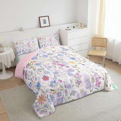 Erosebridal Cute Blue Floral Twin Comforter Set for Kids Girls Boys,Colorful Boho Flowers Bedding Set Rustic Country Home Decor,Watercolor Flower Quilt Bed Set Wildflower Bed Comforter Set 2Pcs