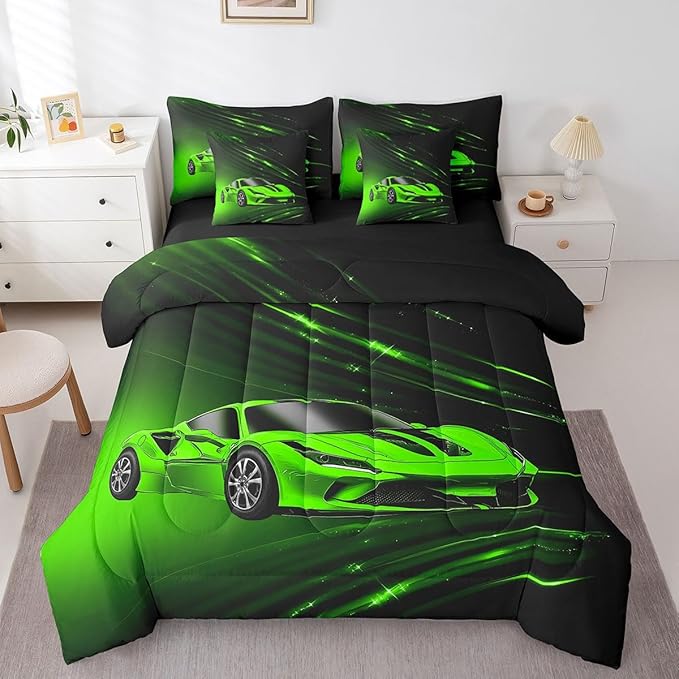 Feelyou Boys Green Race Car 7 Piece Bedding Set Twin Size Speed Sports Car Comforter Set with Sheets for Kids Teens Adult Fast and Furious Bed in a Bag Green Ombre Bed Set