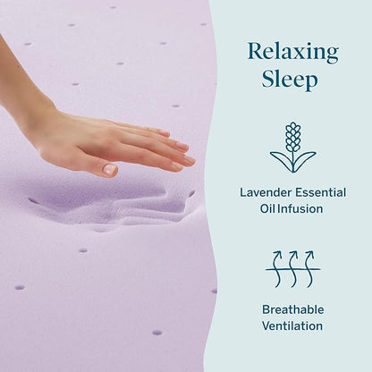 Lucid 2 Inch Lavender Memory Foam Mattress Topper, Twin XL Size – Essential Oil Infusion – Plush Feel, Pressure-Relieving Bed Topper – Ventilated and Breathable – CertiPur Certified