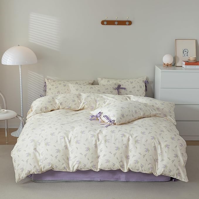 AOJIM Purple Print Bedding Duvet Cover King Size, Soft Cotton Comforter Cover Set 3pcs for Kids Adults, 1 Cozy Duvet Cover 104x90'' with Zipper Closure and 2 Pillowcases with Bowknot, Machine Washable